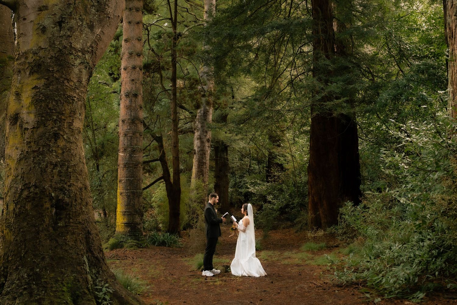 Bride and groom exchange vows in a lush forest wedding ceremony surrounded by towering trees.