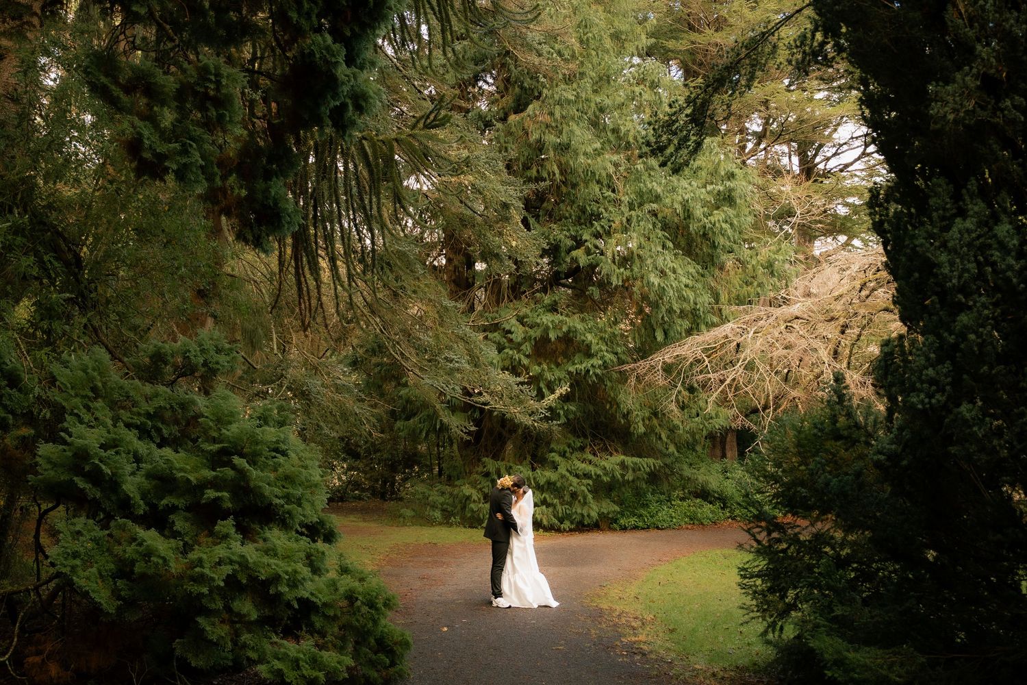 Bride and groom embrace on a garden path surrounded by lush green trees at an outdoor wedding ceremony.