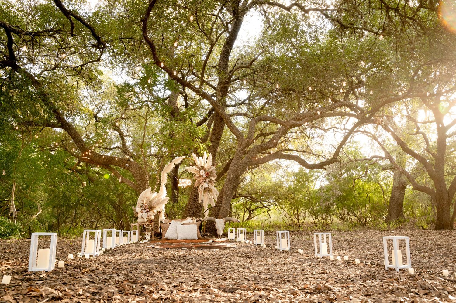 Rustic outdoor scene with lanterns and decorative elements arranged on natural terrain.