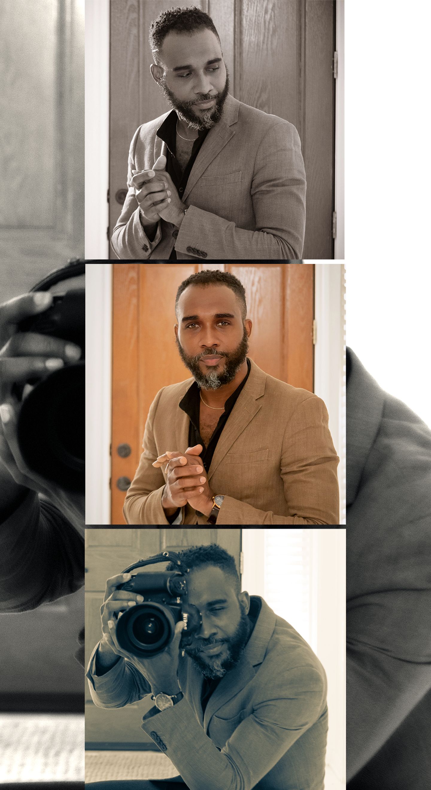 Professional photographer in tan blazer and black shirt takes photos while holding a camera in a studio setting.