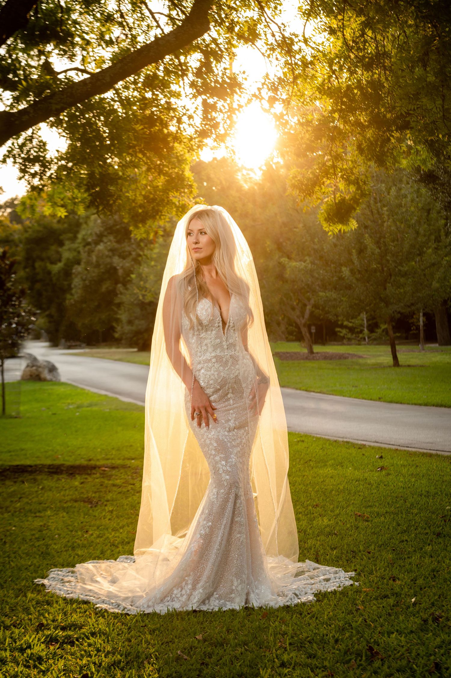 Dramatic sunset bridal portrait featuring form-fitting lace gown and cathedral length veil.