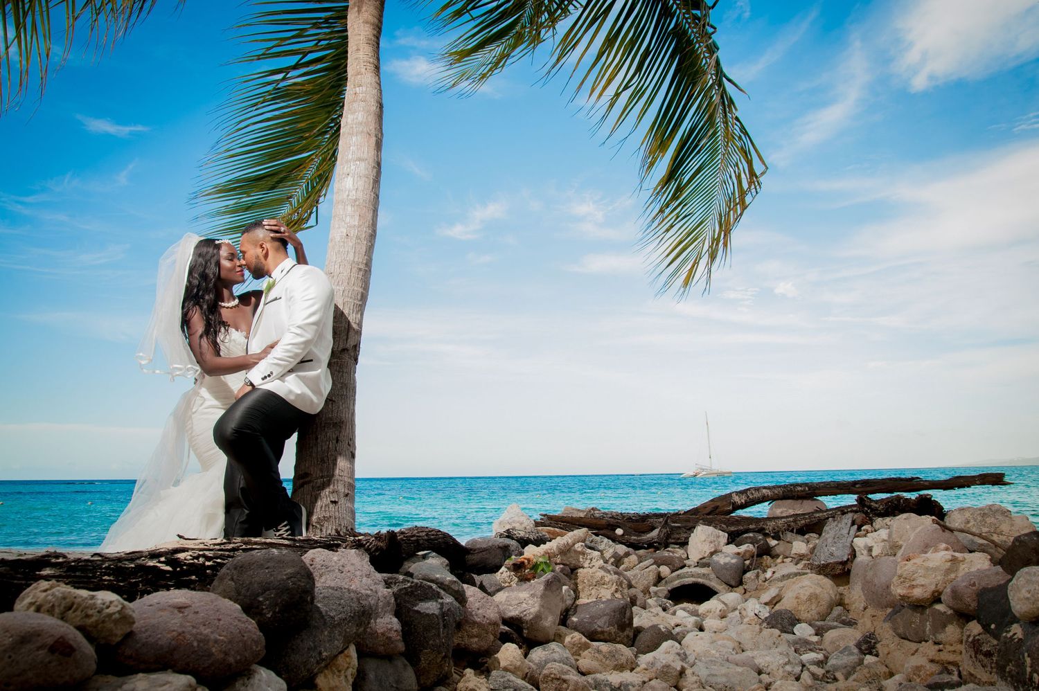 Wedding couple embraces near palm trees with ocean backdrop on a perfect beach day.