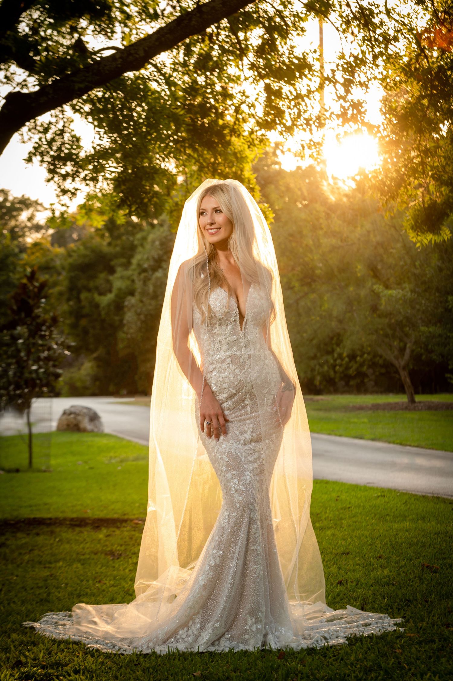 Ethereal bridal portrait at golden hour with a flowing veil and lace gown in a grassy outdoor setting.