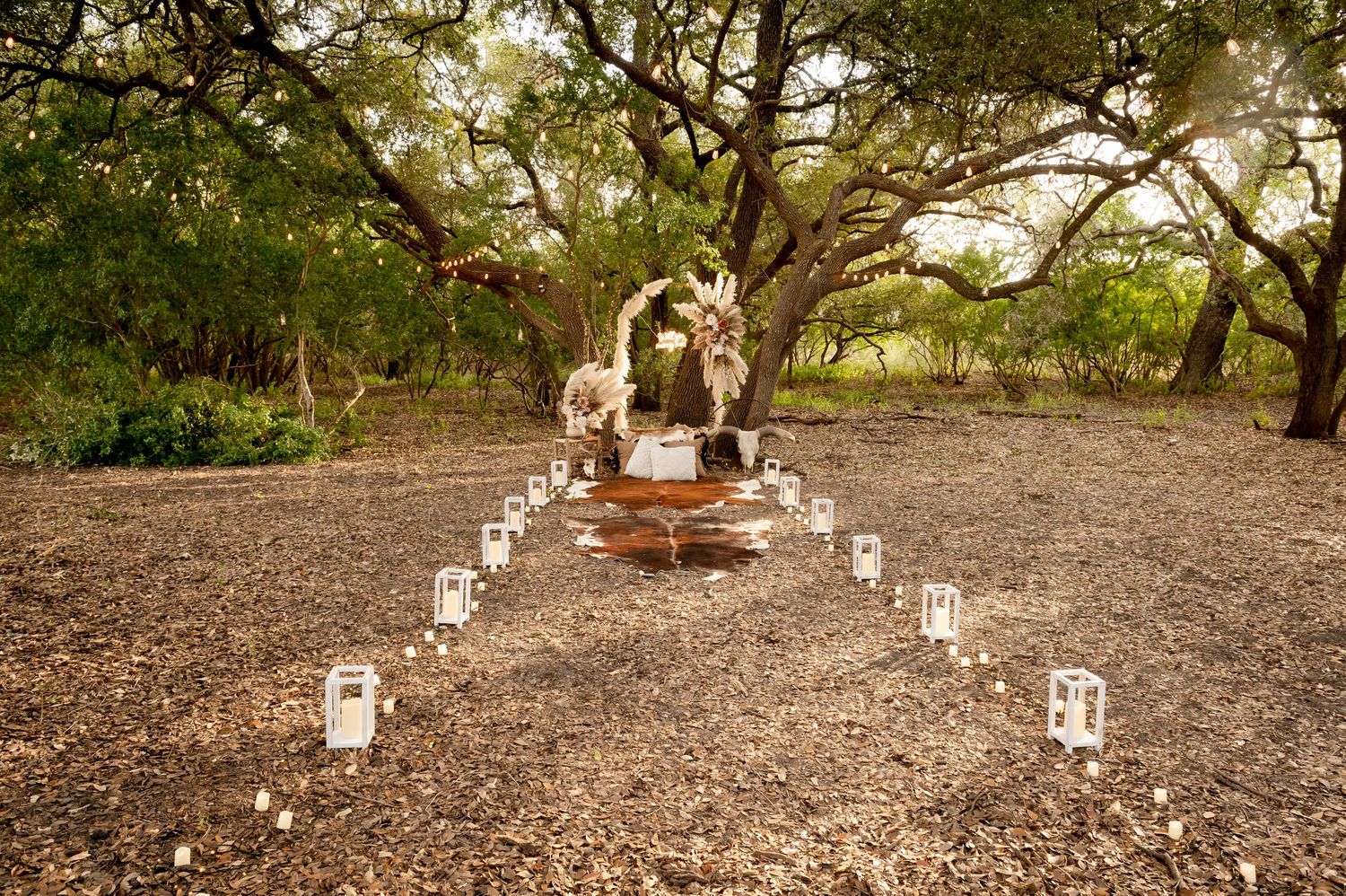 Romantic outdoor setting with lanterns and decorative elements arranged under autumn trees.