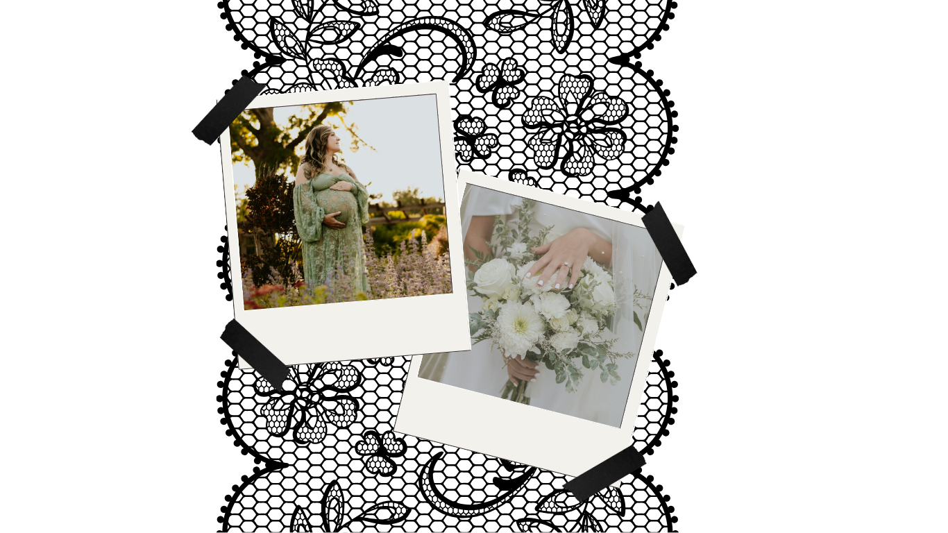 Two polaroid-style photos on black lace background showing a woman in sage dress and a white floral bouquet.