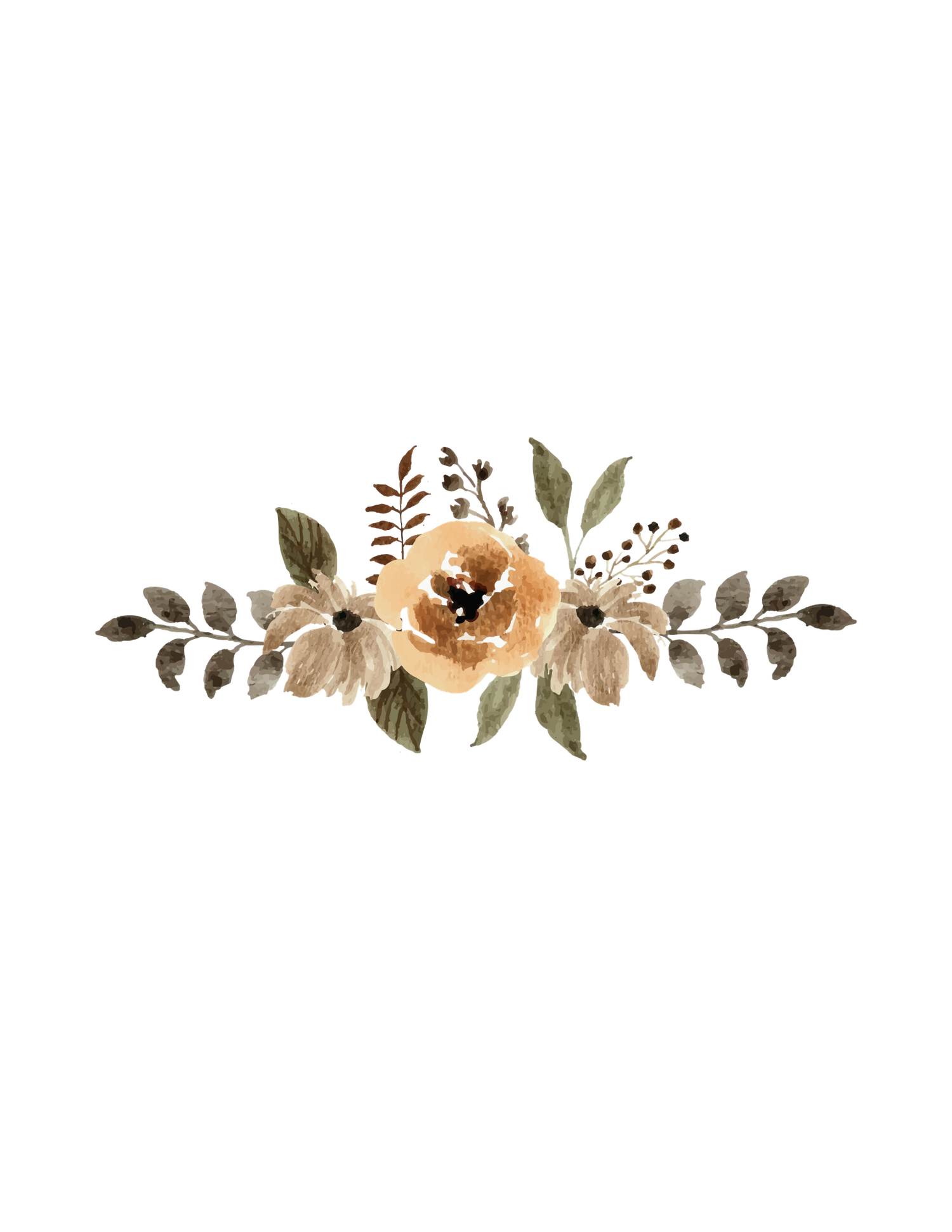 Horizontal watercolor floral swag with golden yellow rose centerpiece, neutral blooms, and olive green leaves.