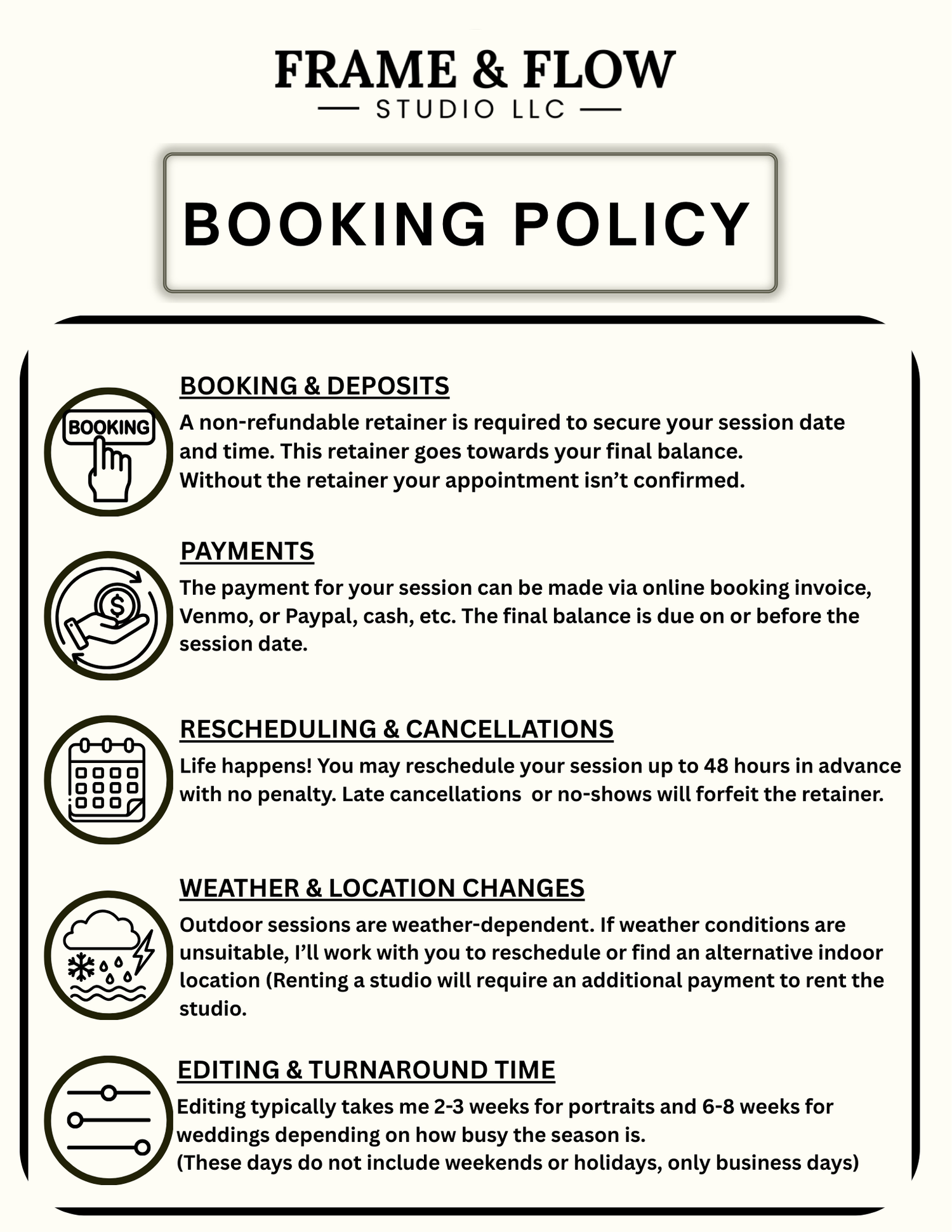 Frame and Flow Studio LLC booking policy informational graphic with icons.