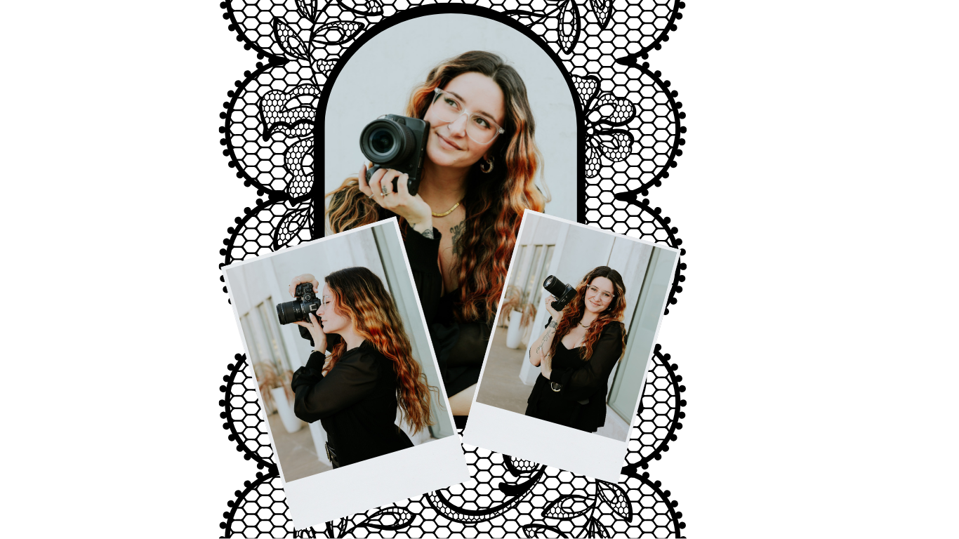Portrait photographer with long hair posing with camera in stylish lace photo collage.