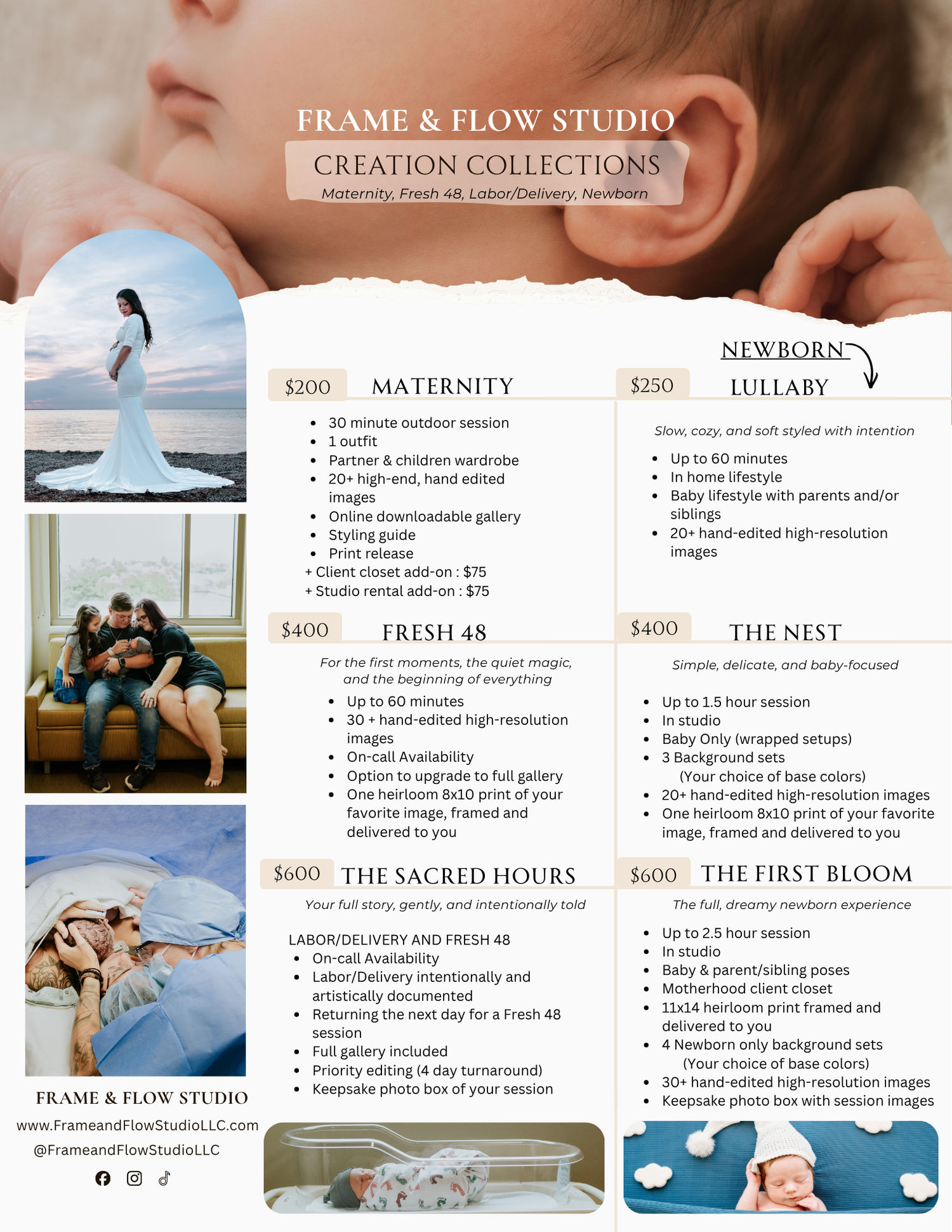 Frame & Flow Studio maternity, newborn, and labor photography collection packages pricing guide with soft neutral tones.