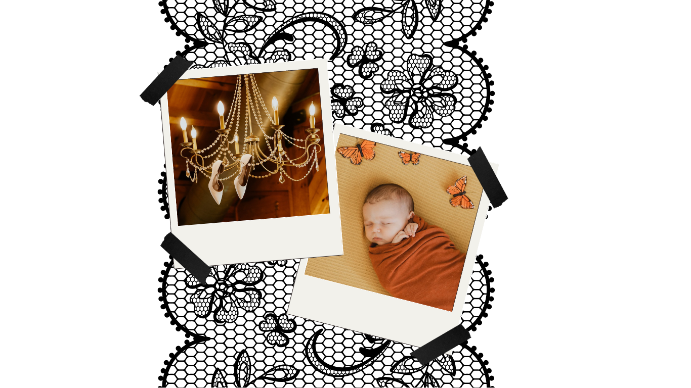 Two polaroid-style photos on black lace background showing an elegant chandelier and a sleeping newborn baby.