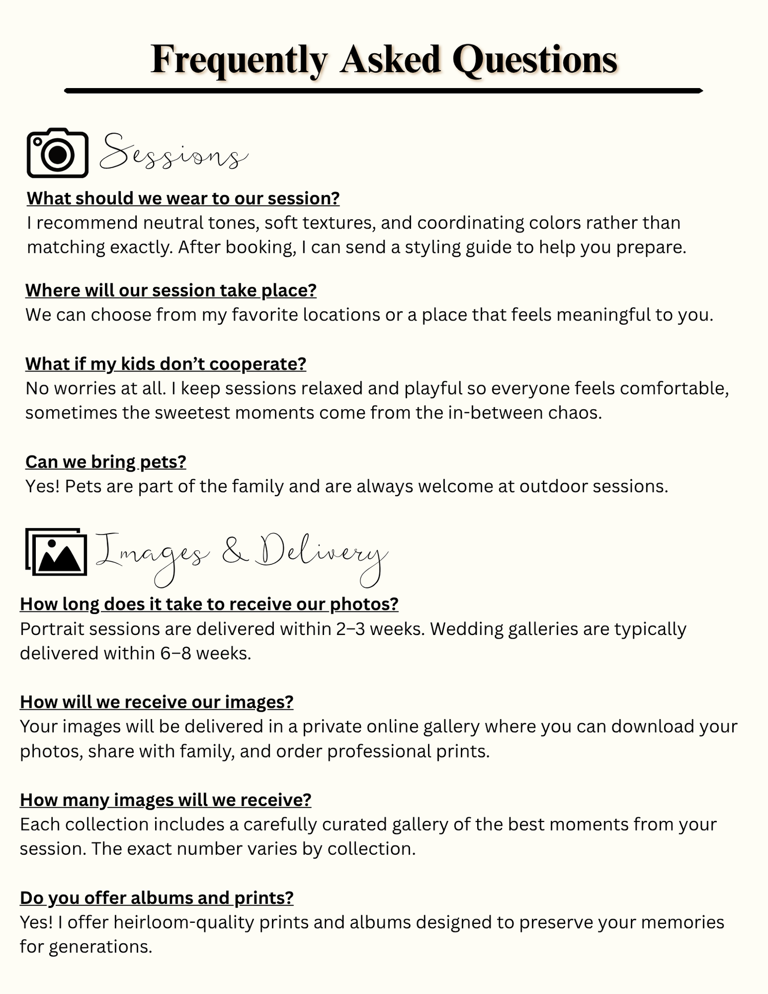 Photography FAQ page covering sessions, outfit tips, locations, children, pets, image delivery, and album options.
