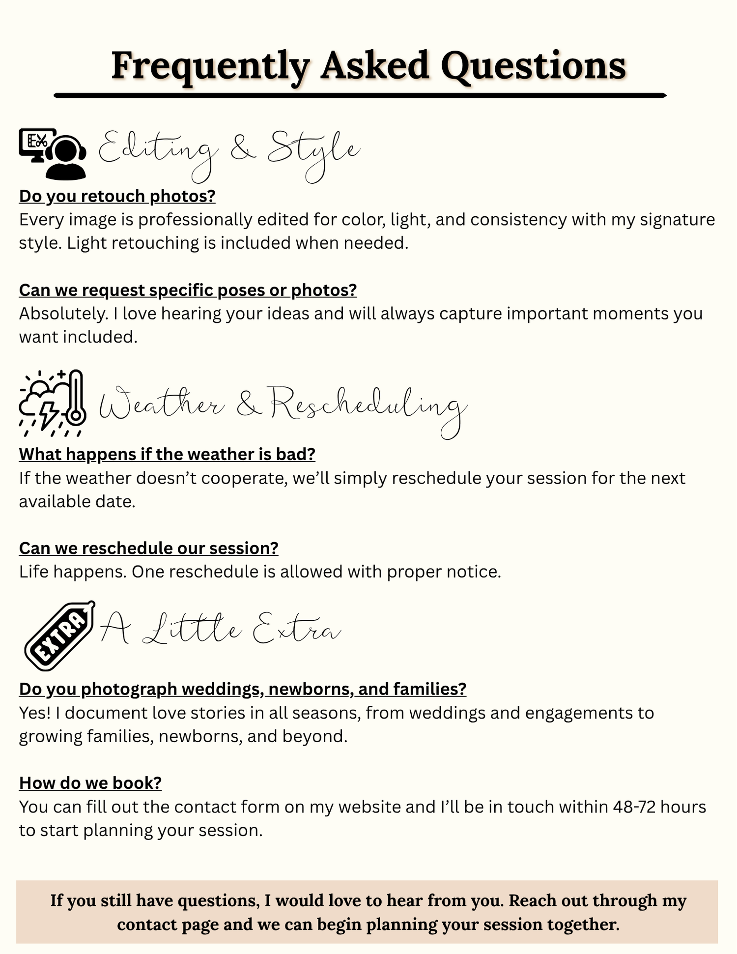 Photography FAQ page detailing editing style, weather rescheduling policy, wedding and newborn photography, and booking steps.