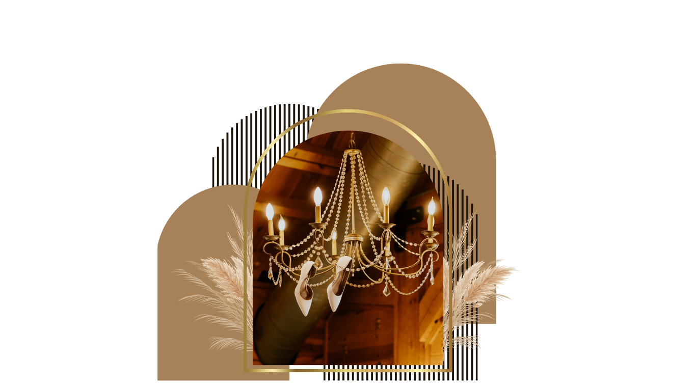 Stylized collage featuring a gold chandelier photo within arched frames with geometric stripes and pampas grass accents.