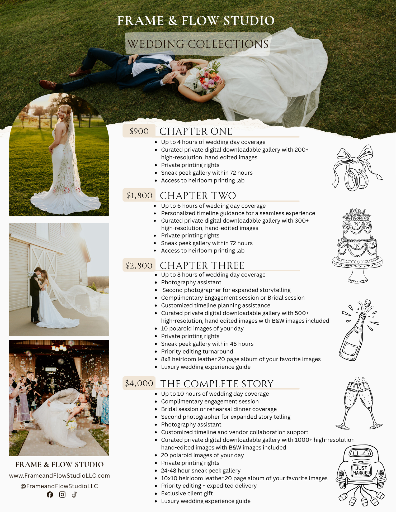 Wedding photography price guide for Frame & Flow Studio showing four collection packages ranging from $900 to $4000.