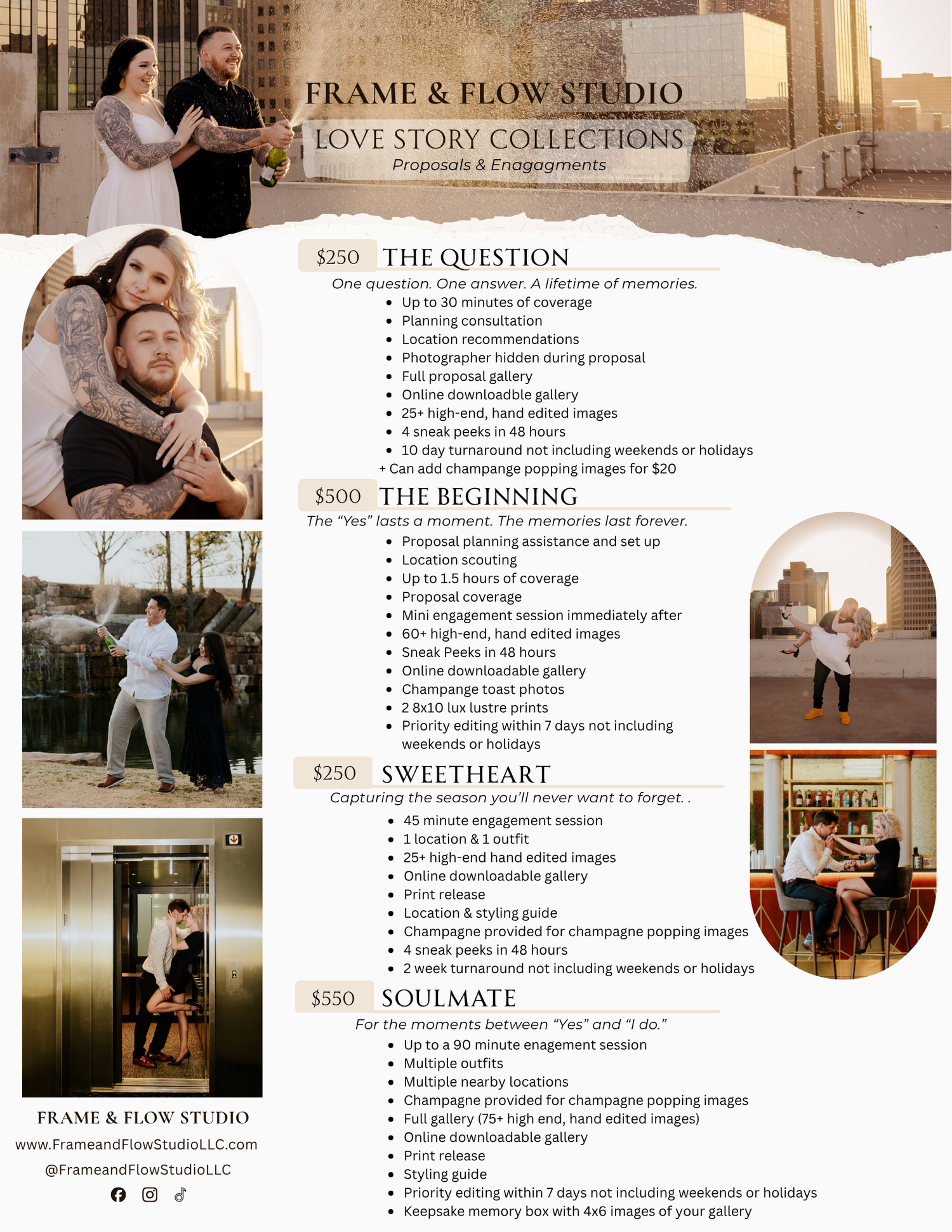 Frame & Flow Studio love story collections brochure showing engagement photography packages with couple embracing outdoors.