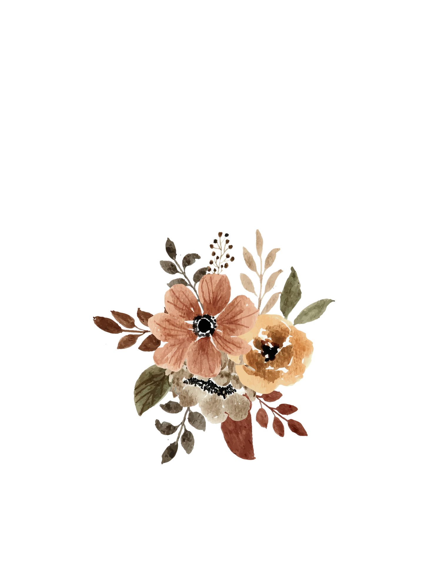 Watercolor floral bouquet illustration with warm earth tones including rust, amber, and sage green botanicals.