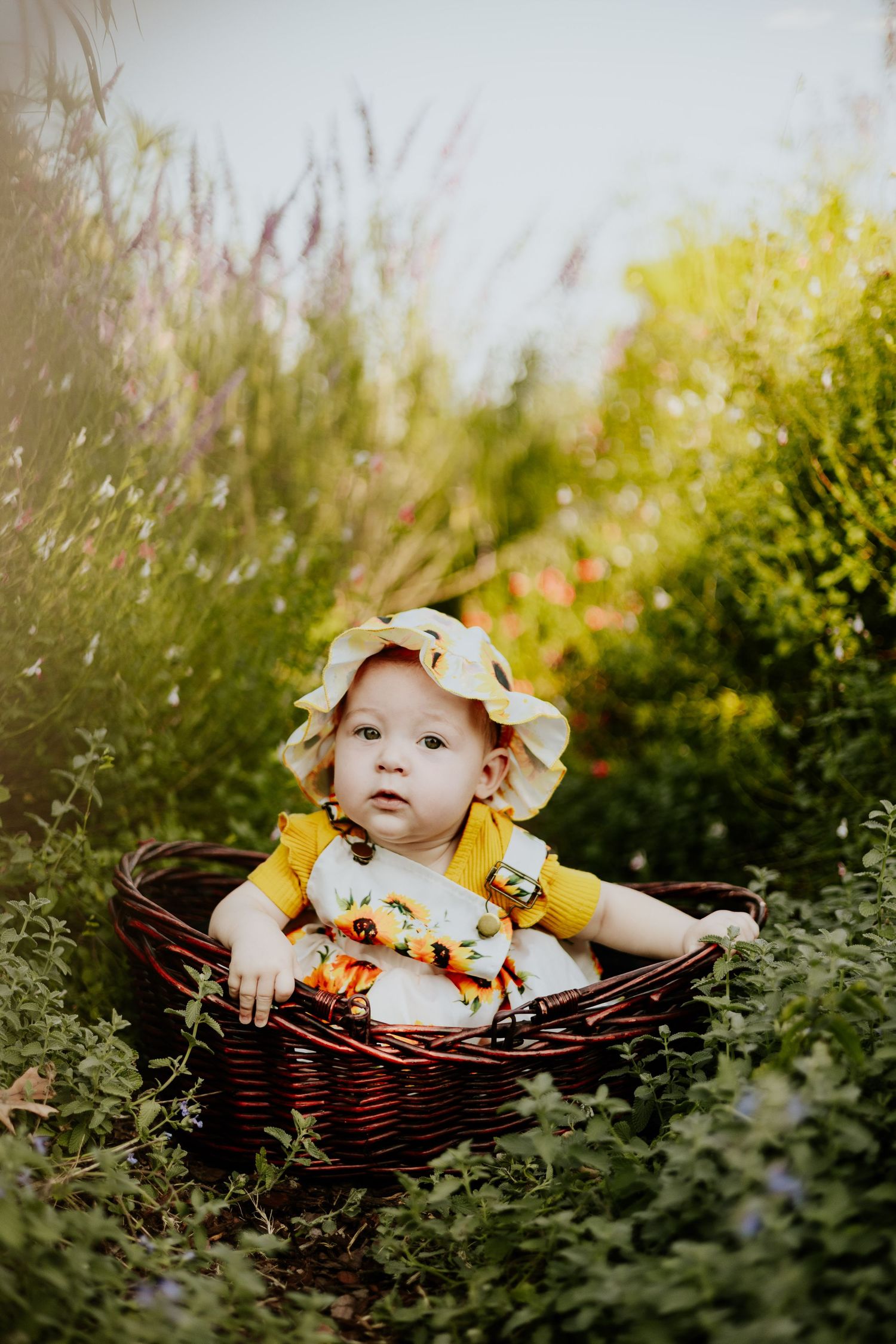 Little girl in a hat in a flower field
