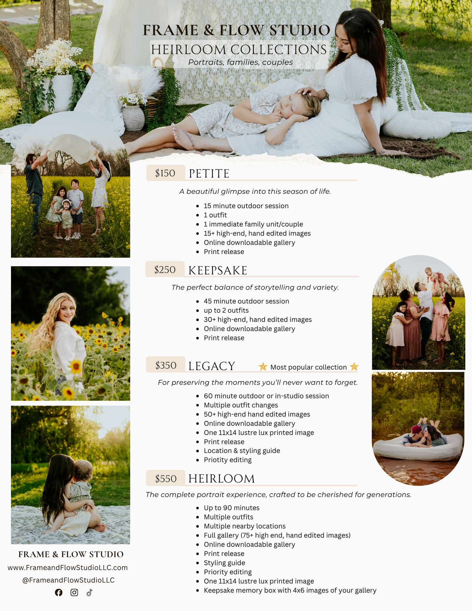 Frame and Flow Studio heirloom portrait collections pricing guide featuring outdoor family and couple photography sessions.