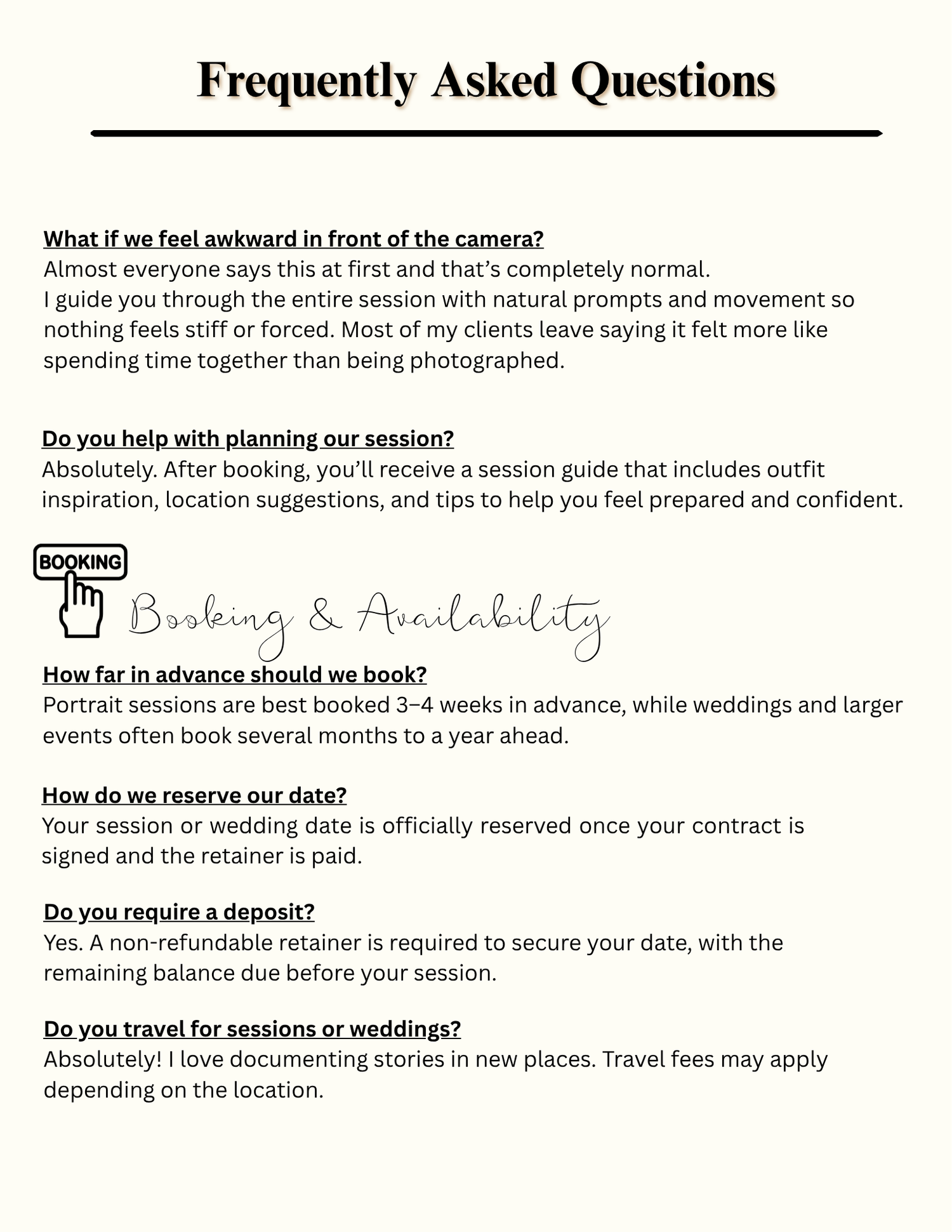 Frequently asked questions FAQ page for photography sessions covering awkwardness, planning, booking, availability, and deposits.