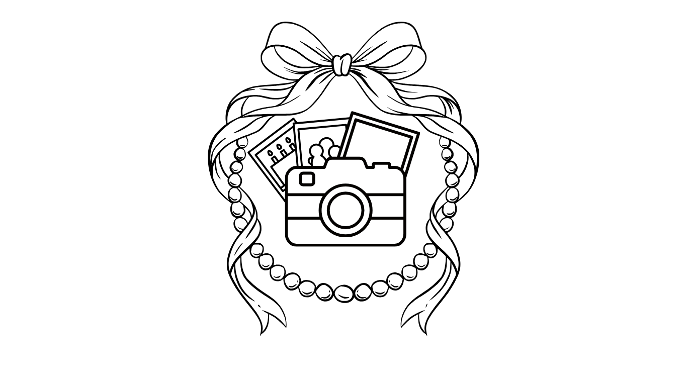 Elegant line art logo with camera, pearls, photos, and decorative bow ribbon.
