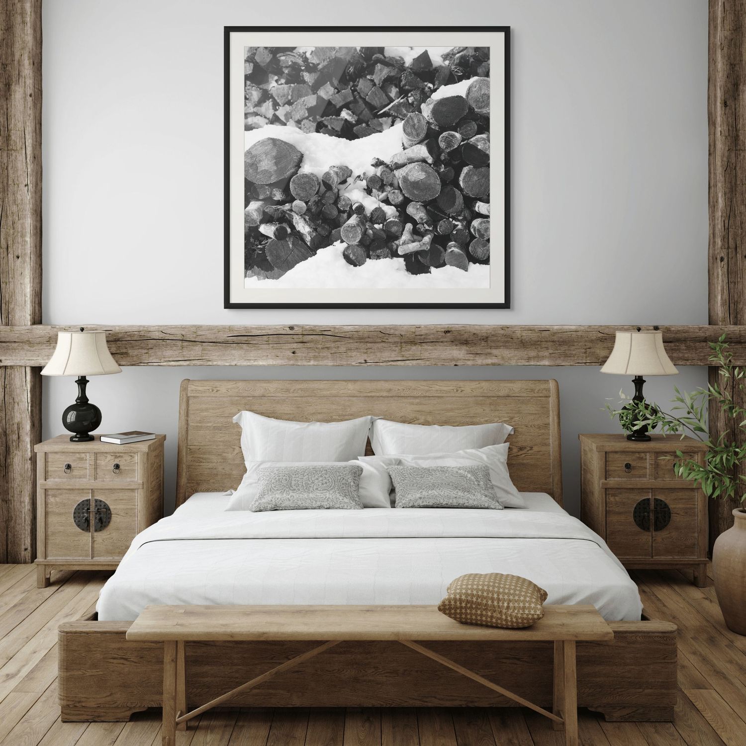 Cabin Print.  Black and white decor.  Living room decor.  Bedroom decor. Home decor.  Wall art.  Abstract print. Logs. Winter decor.