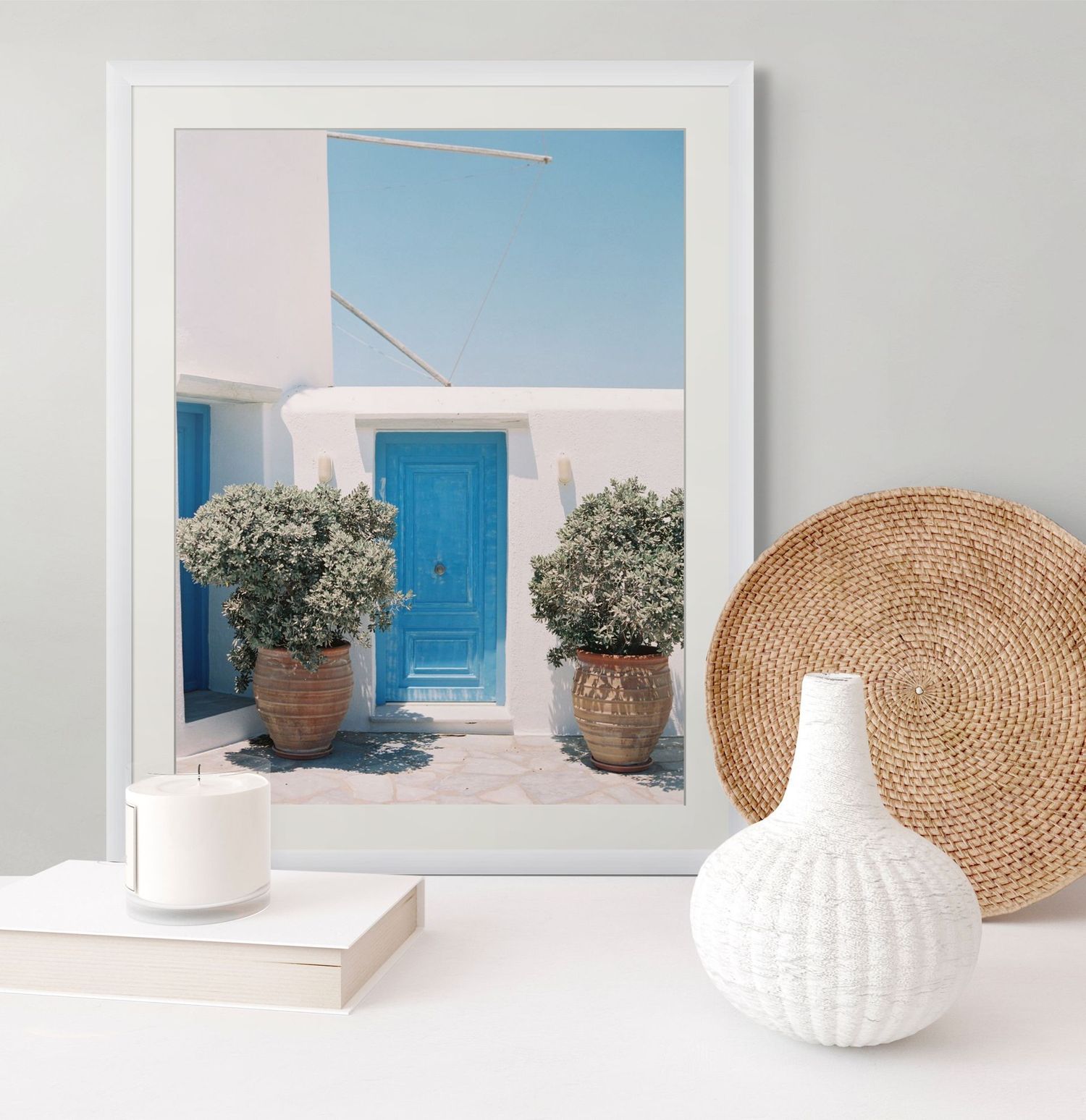 Greece travel print. Home decor and wall print. Cool colors with white blues and greens. Best for living room, foyer, bedroom. Hotel decor.