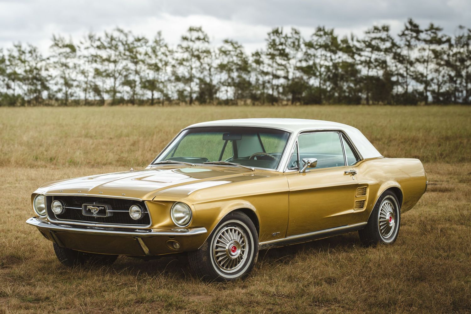 A old ford mustang parked in a big open field with a treeline in the back