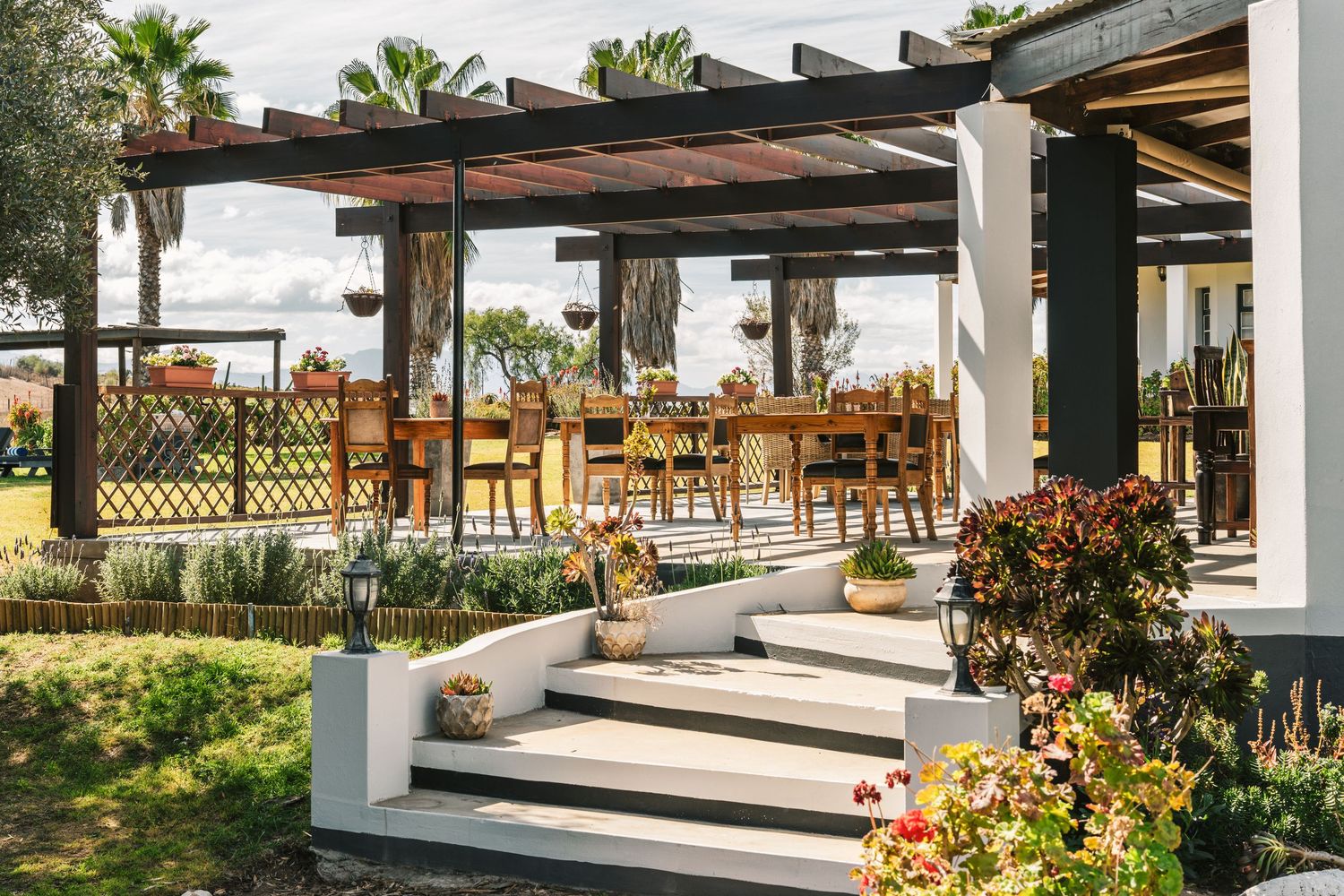 A patio of a restaurant with greenery and plants all around
