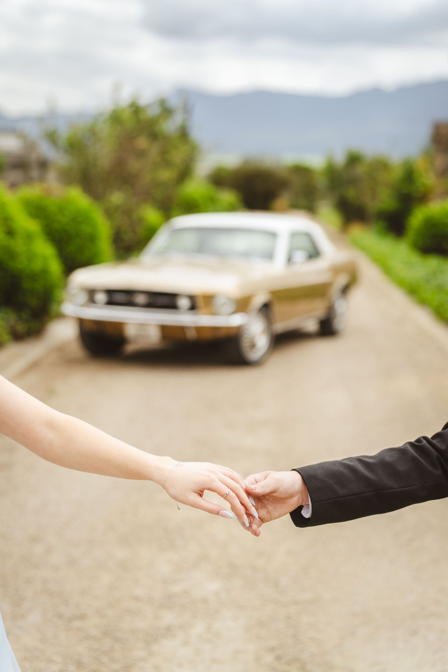Close-up shot of two hands reaching towards each other against a blurred outdoor background.