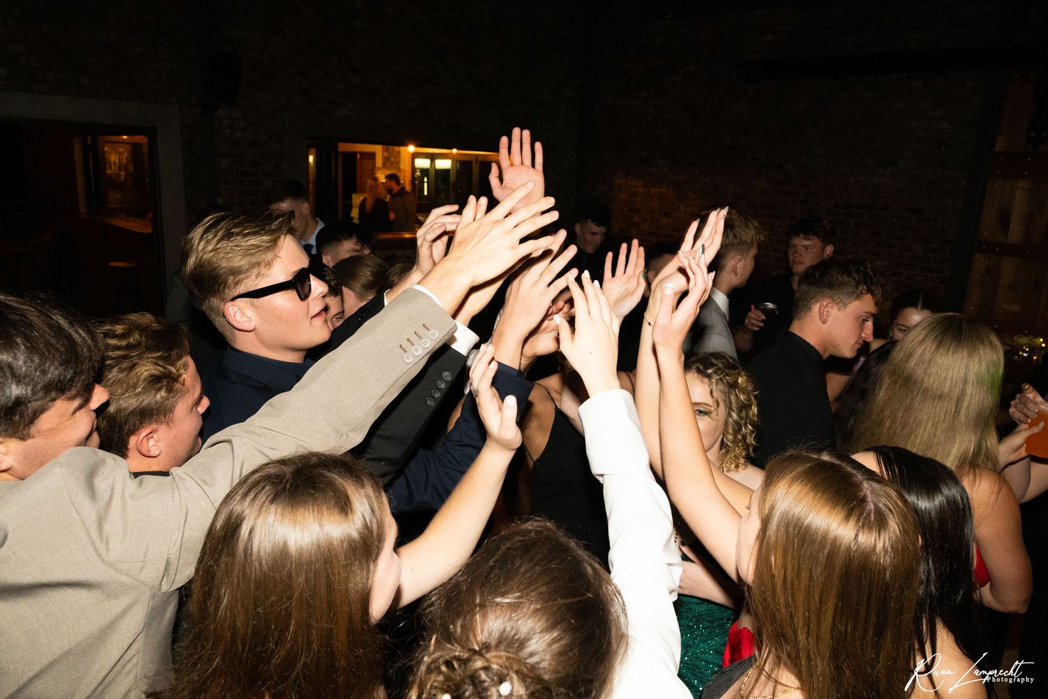 Concert audience with raised hands silhouetted against dark background during performance.