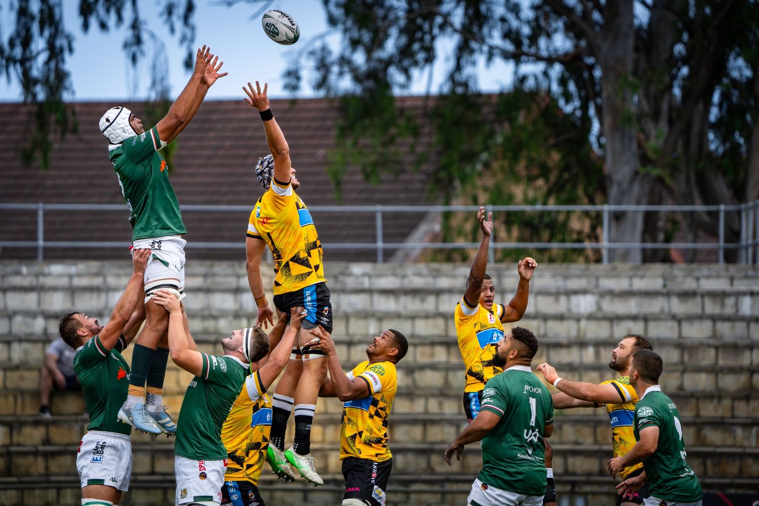 Rugby players compete in a lineout during a match, with green and yellow jerseys jumping for the ball against a clear sky.