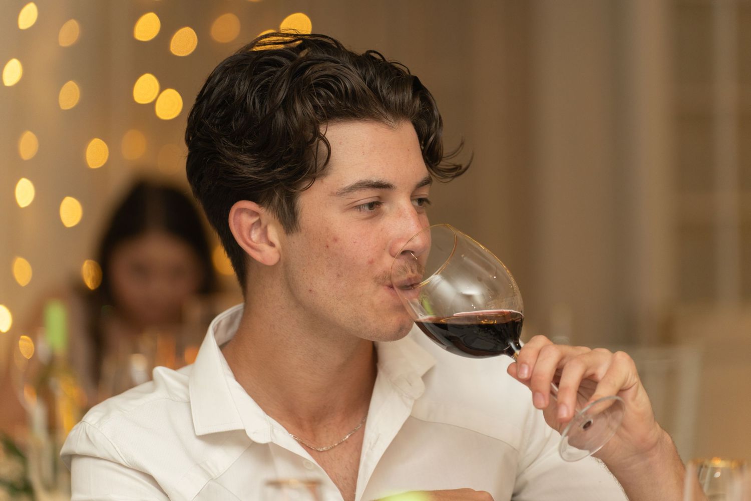 Portrait of a man sipping wine at a formal evening event