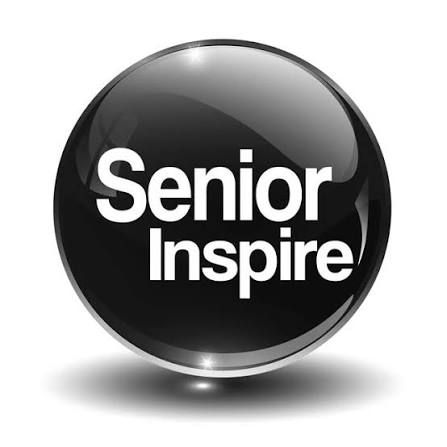 Senior Inspire glossy black sphere logo badge with bold white typography.
