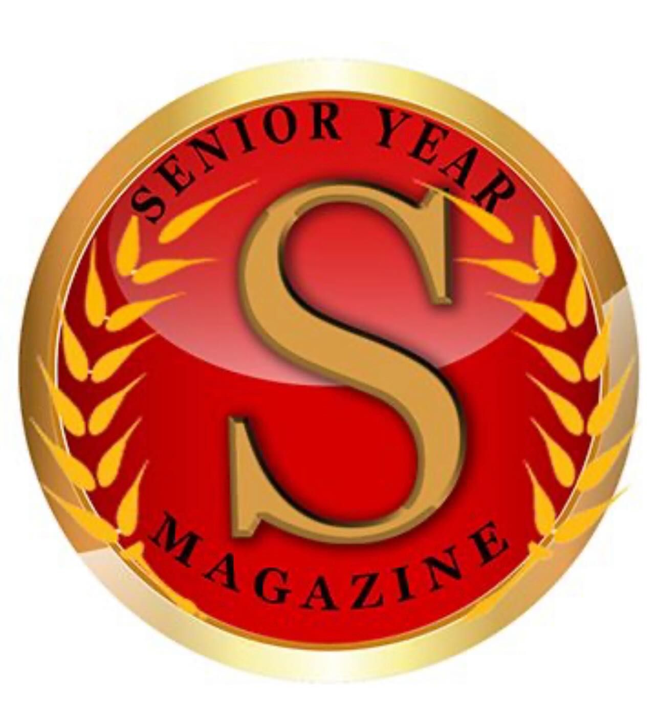 Senior Year Magazine gold and red emblem badge with decorative laurel wreath.