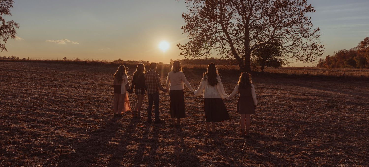 Group of five women holding hands facing a stunning sunset over an open field beside a lone tree.