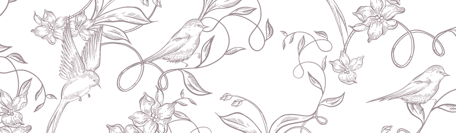 Seamless light gray botanical pattern featuring hummingbirds and songbirds among delicate flowers and leaves.