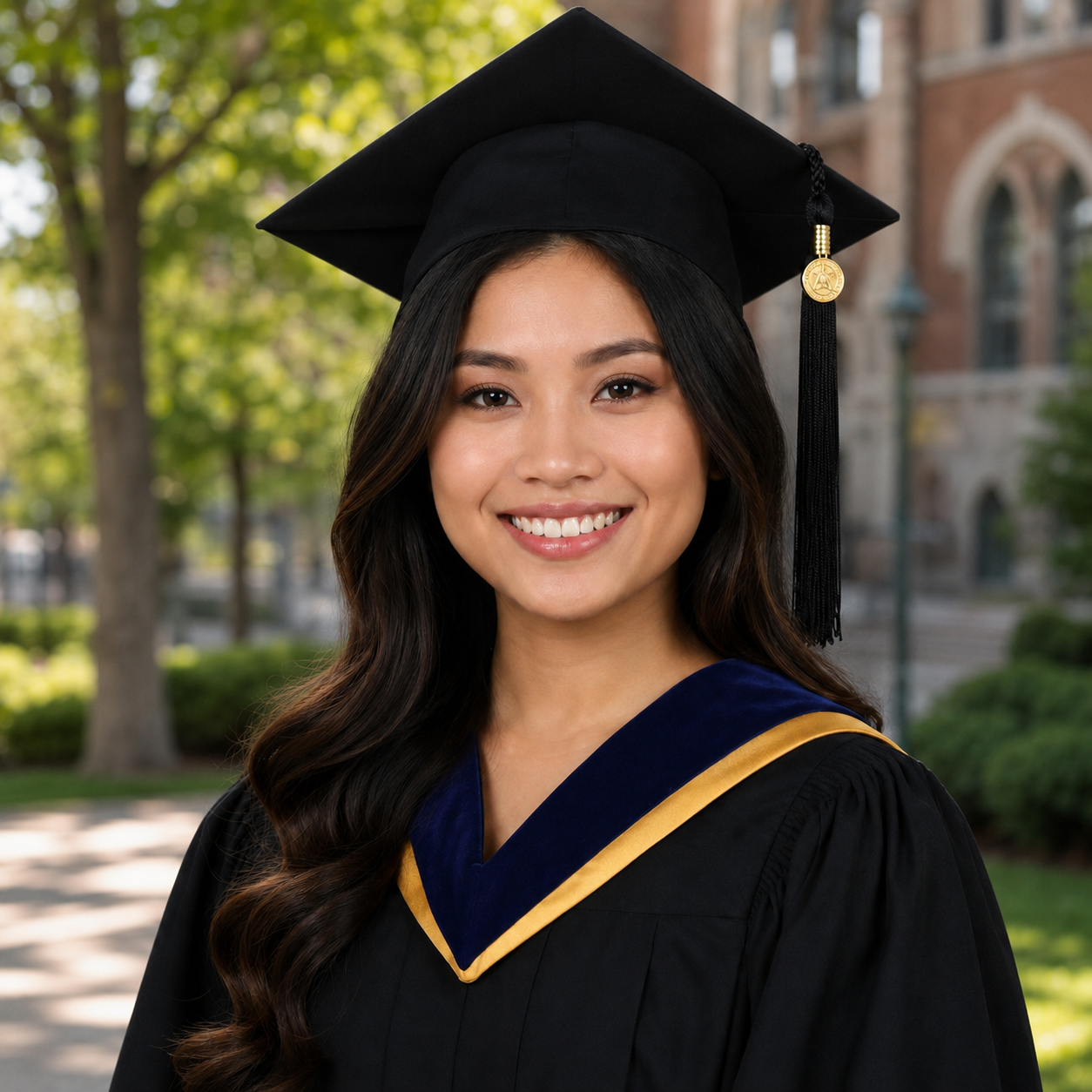 Smiling young woman in black graduation cap and gown with gold and navy hood poses on a college campus.