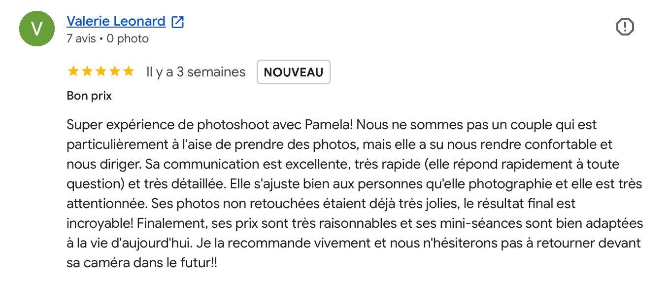 Five-star Google review by Valerie Leonard praising photographer Pamella for her professionalism and natural photography style.