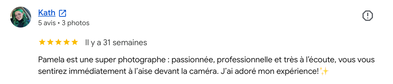 5-star Google review praising Pamela as a passionate, professional photographer who makes clients feel at ease on camera.