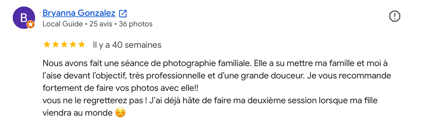A five-star Google review by Bryanna Gonzalez praising a family photography session for its professionalism and warm atmosphere.