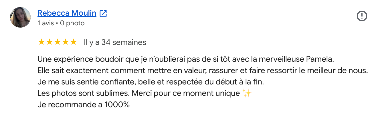 Five-star Google review in French praising a boudoir photography experience with Pamela, highlighting confidence and professionalism.