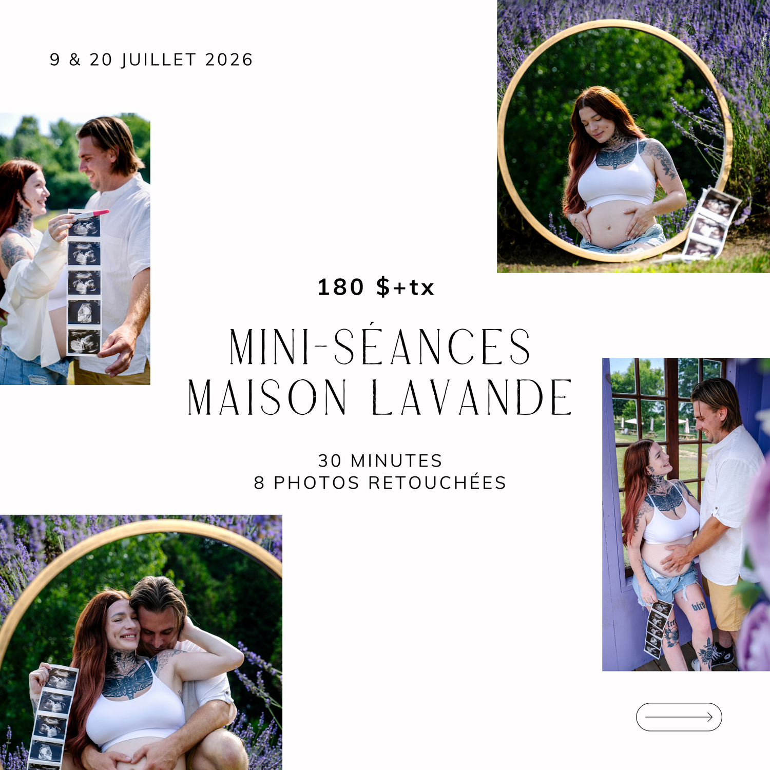 Pregnant couple poses in lavender field during mini photo session, 180$+tx, 30 minutes, 8 retouched photos, July 2026.