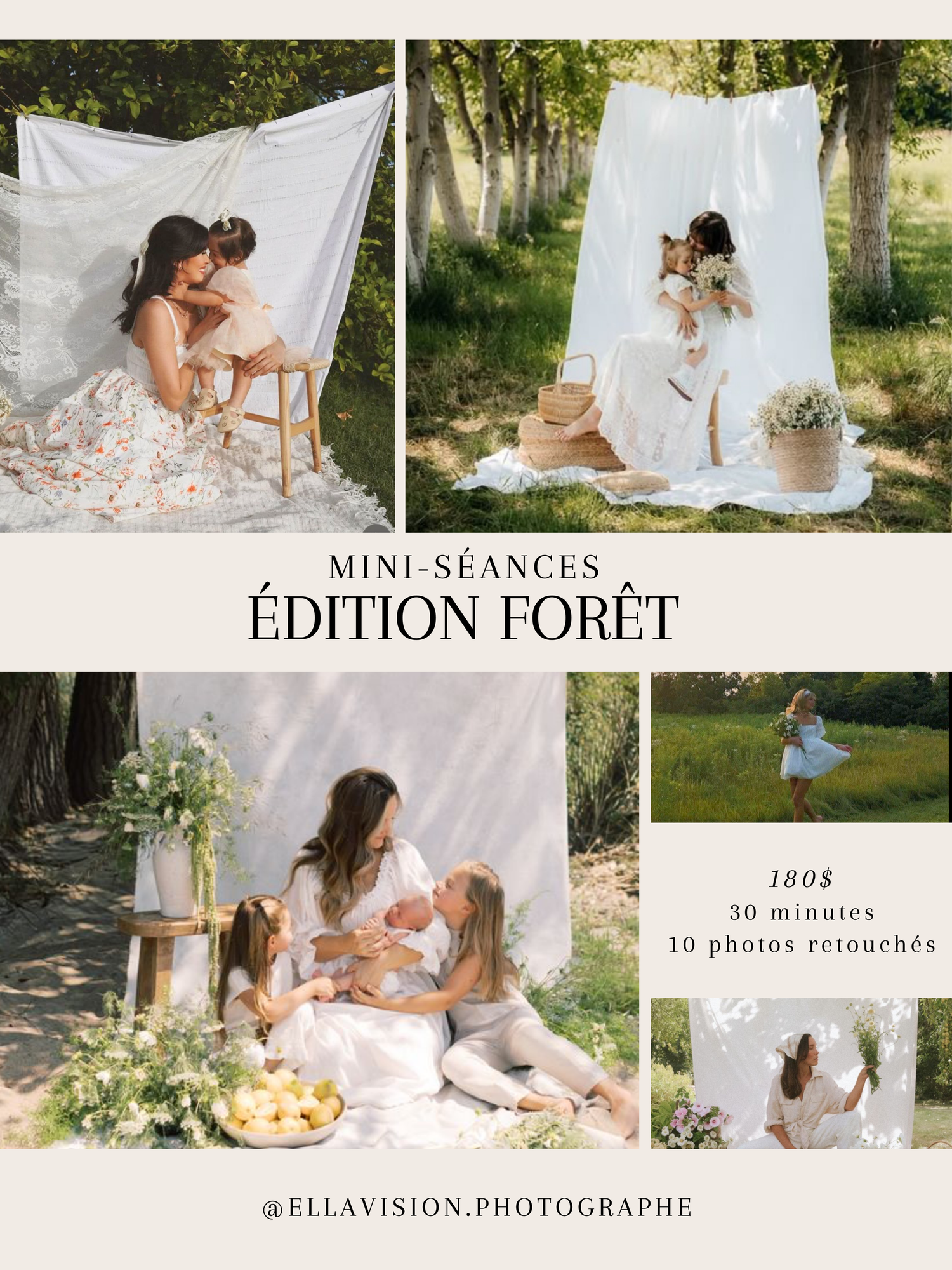 French forest mini photo session collage showing mothers with children in white dresses outdoors, 180$ 30min 10 photos.