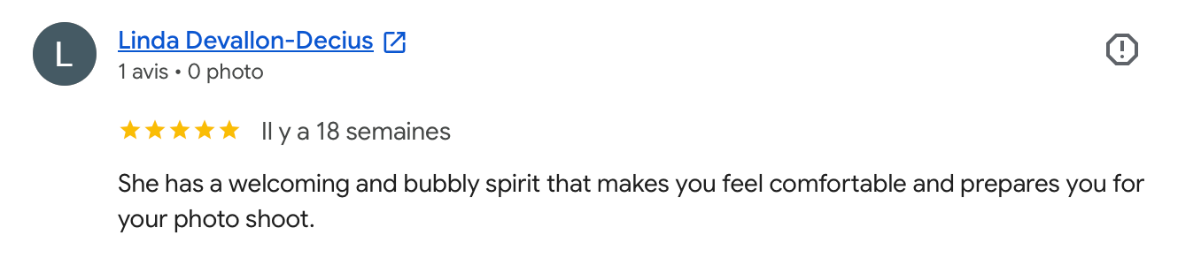 A five-star Google review praising a photographer for their welcoming and bubbly spirit during photo shoots.