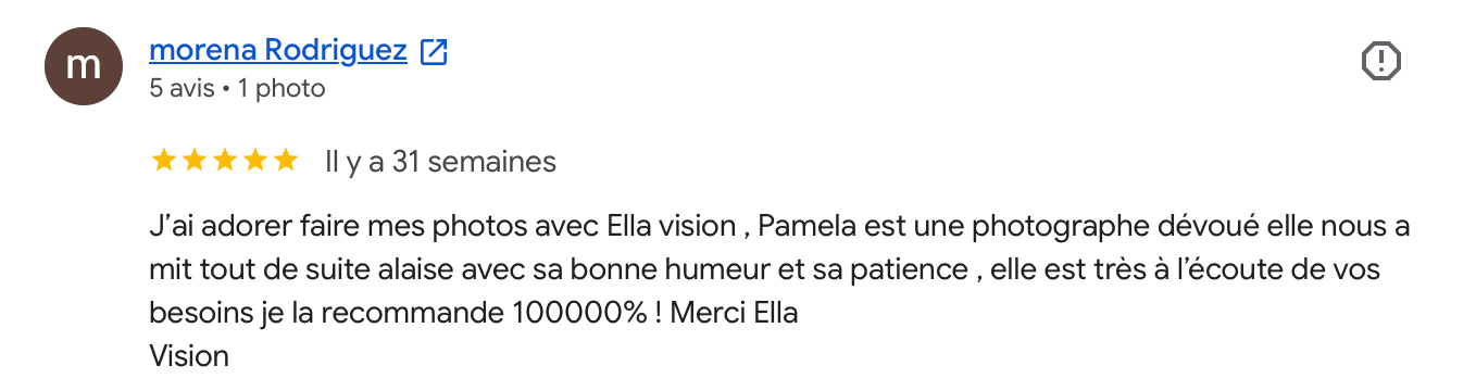 5-star Google review in French praising Ella Vision photographer Pamela for dedication, patience, and attentiveness to client needs.