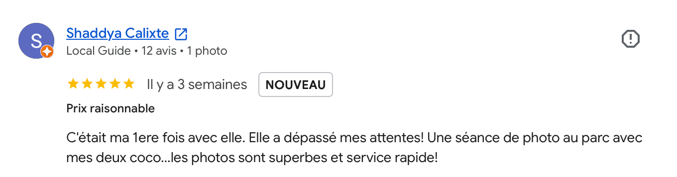 Google review screenshot showing 5-star rating for a photo session service, praising attentive service and superb photos at a park.