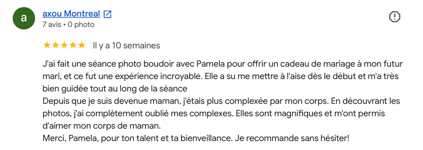 Five-star Google review in French praising a boudoir photo session with Pamela as a wedding gift.