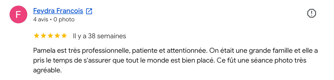 Five-star Google review praising a professional, patient, and attentive photographer who ensured a well-organized family photo session.
