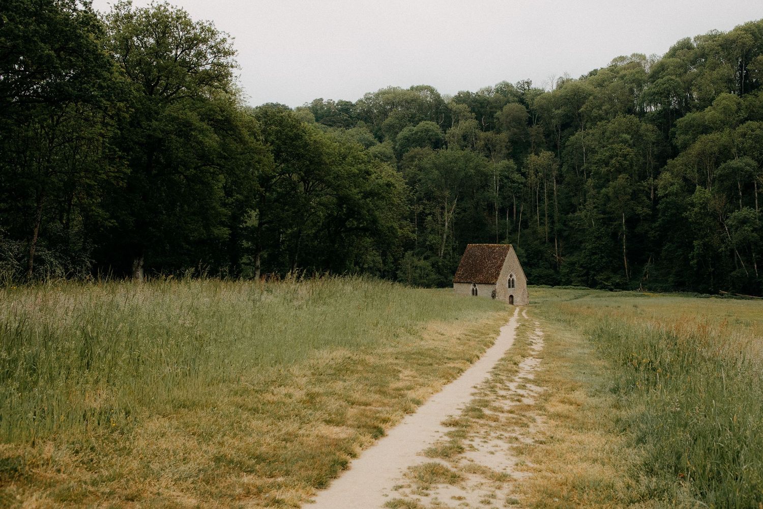 Rustic stone cottage at the end of a dirt path through a green meadow surrounded by forest.