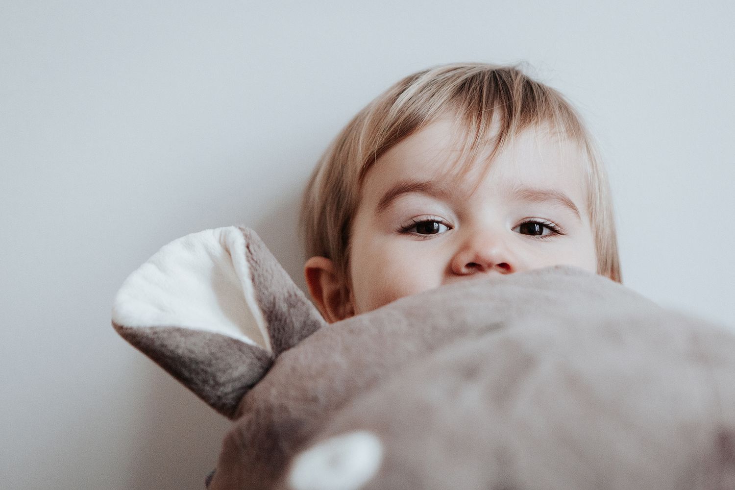 Cute toddler peeking over edge of large stuffed elephant toy with curious eyes.
